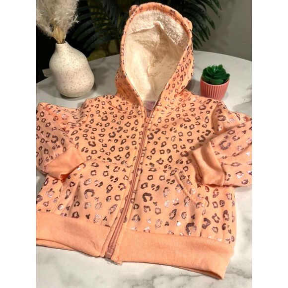 Girls Leopard Print Zip Hoodie Sherpa Lined Peach Pink Jacket Size 2T - Picture 10 of 14